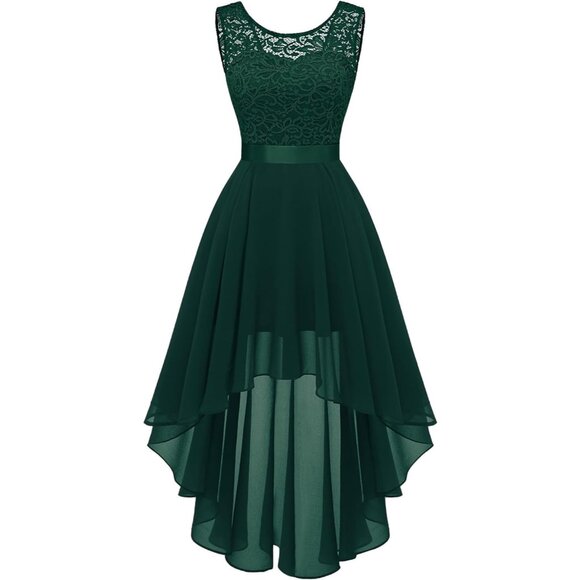 BeryLove Women Darkgreen Chiffon Scoop Neck Sleeveless Lace Cocktail Dress - Picture 1 of 7